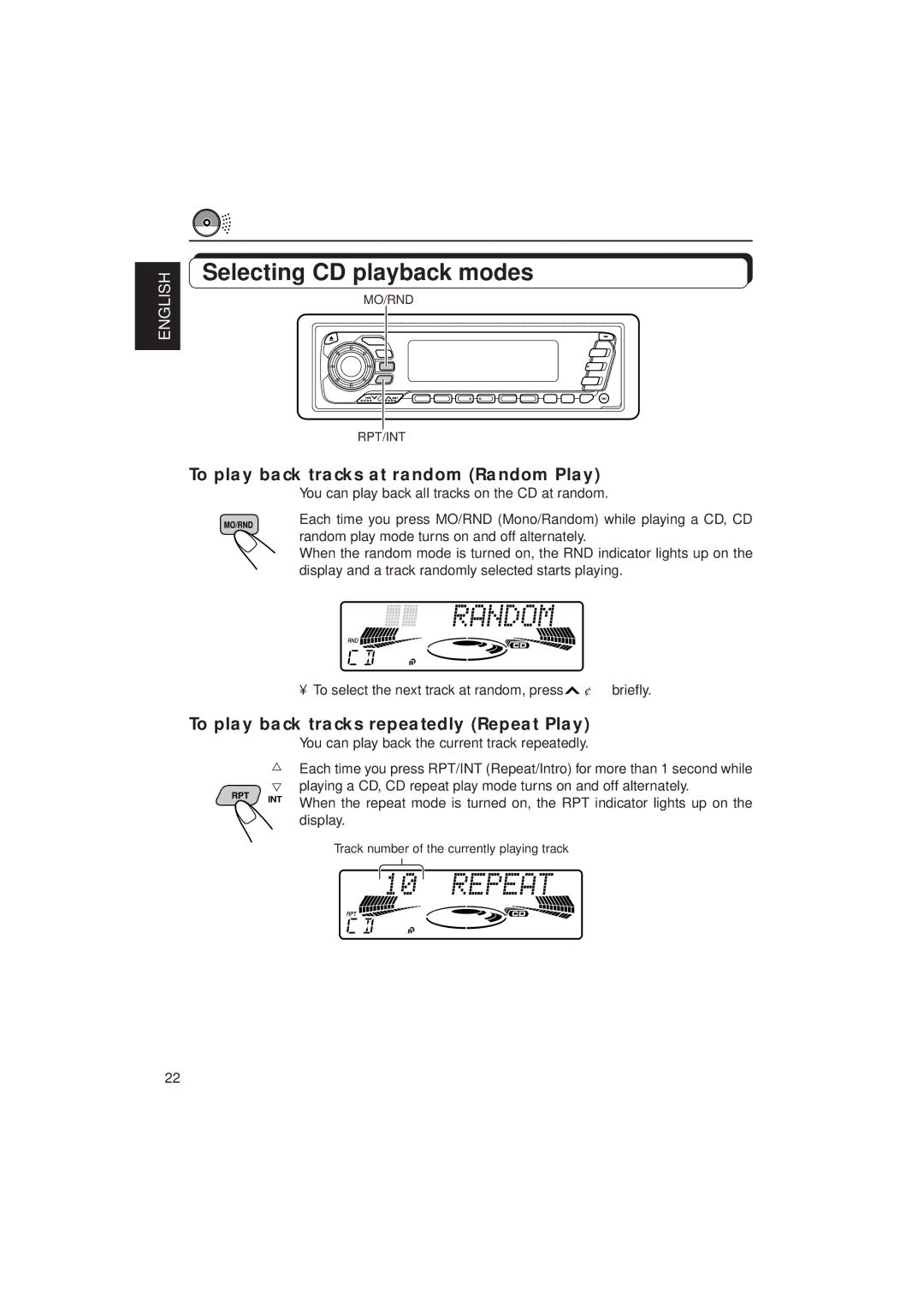 JVC KD-MX2900R manual Selecting CD playback modes, To play back tracks at random Random Play 