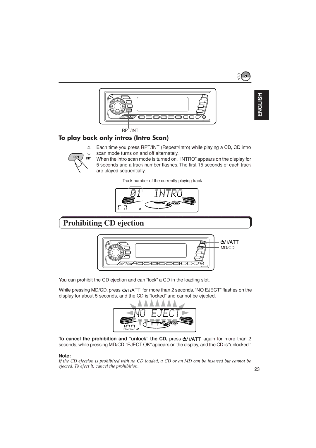 JVC KD-MX2900R manual Prohibiting CD ejection, To play back only intros Intro Scan, Again for more than 