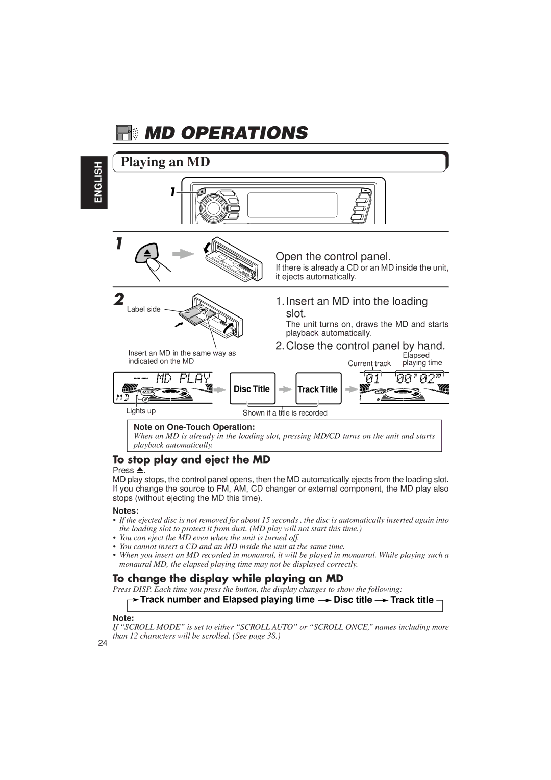 JVC KD-MX2900R manual MD Operations, Playing an MD, Insert an MD into the loading slot, To stop play and eject the MD 