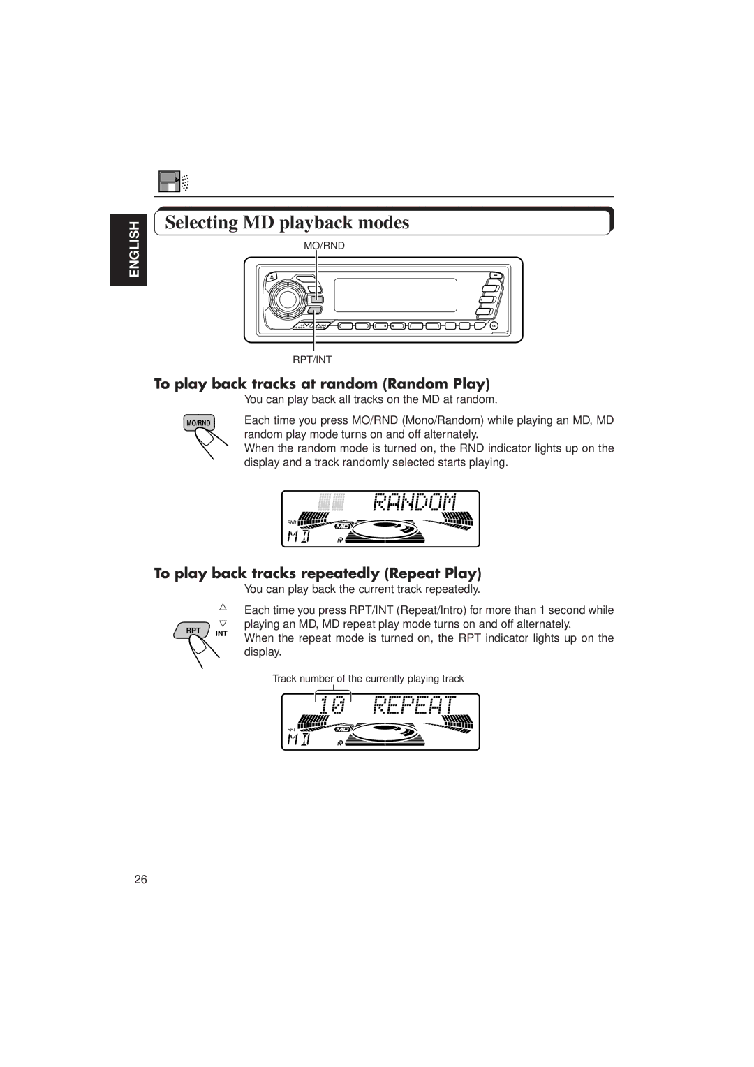 JVC KD-MX2900R manual Selecting MD playback modes, You can play back all tracks on the MD at random 