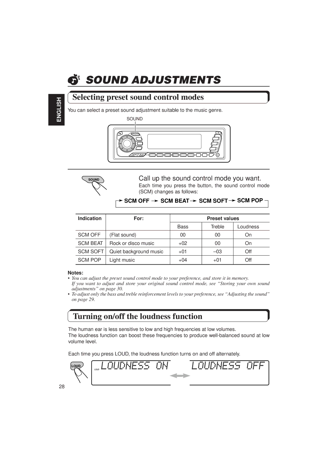 JVC KD-MX2900R manual Sound Adjustments, Selecting preset sound control modes, Turning on/off the loudness function 