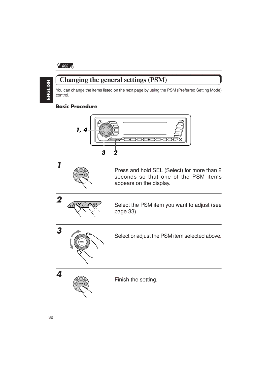 JVC KD-MX2900R manual Changing the general settings PSM, Basic Procedure 