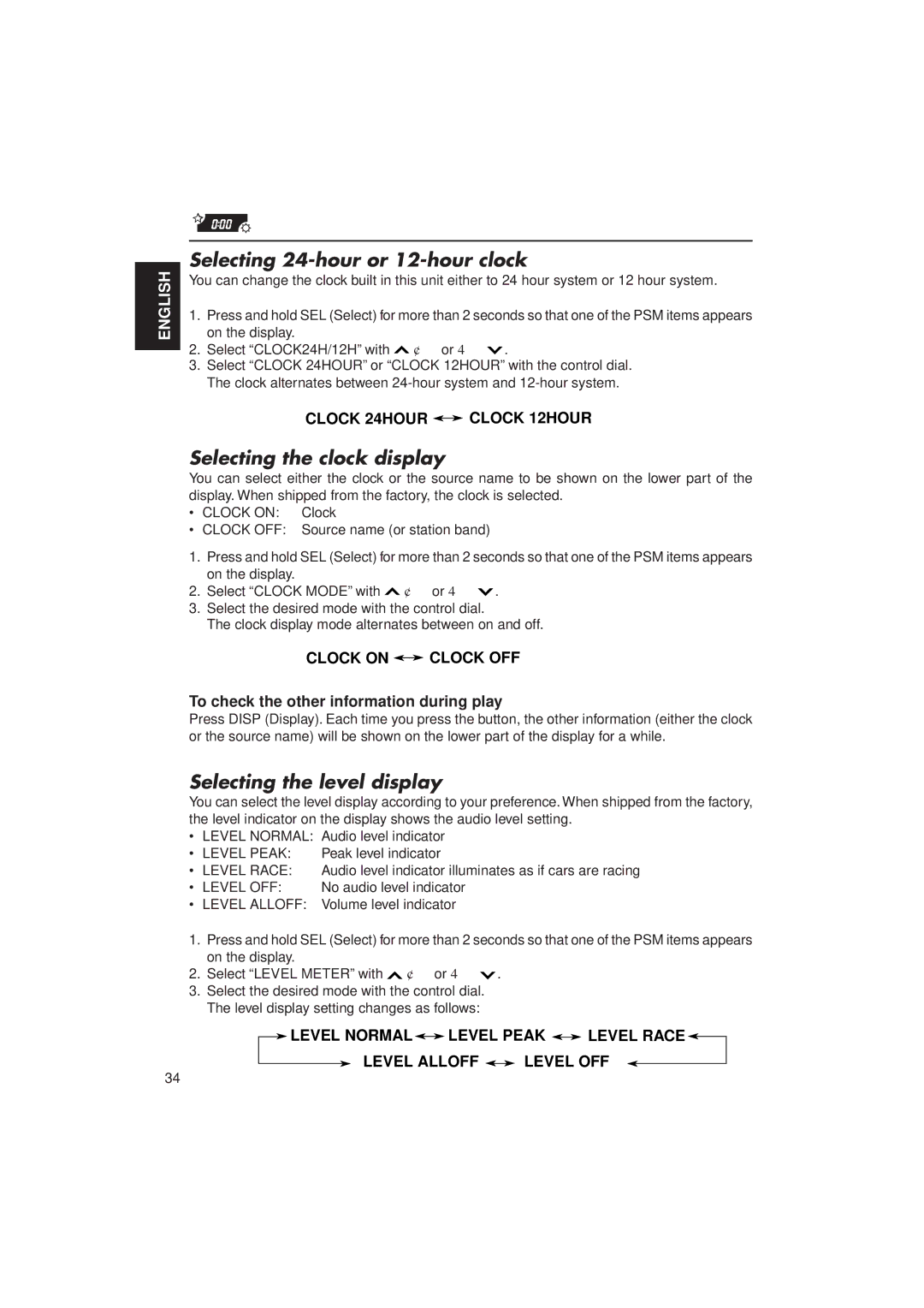 JVC KD-MX2900R manual Selecting 24-hour or 12-hour clock, Selecting the clock display, Selecting the level display 