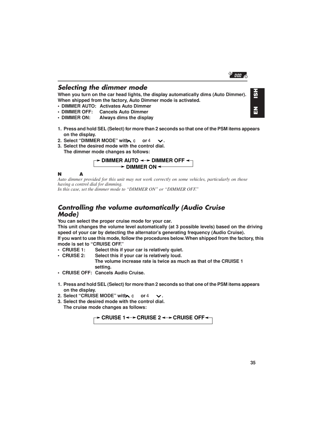 JVC KD-MX2900R manual Selecting the dimmer mode, Controlling the volume automatically Audio Cruise Mode 