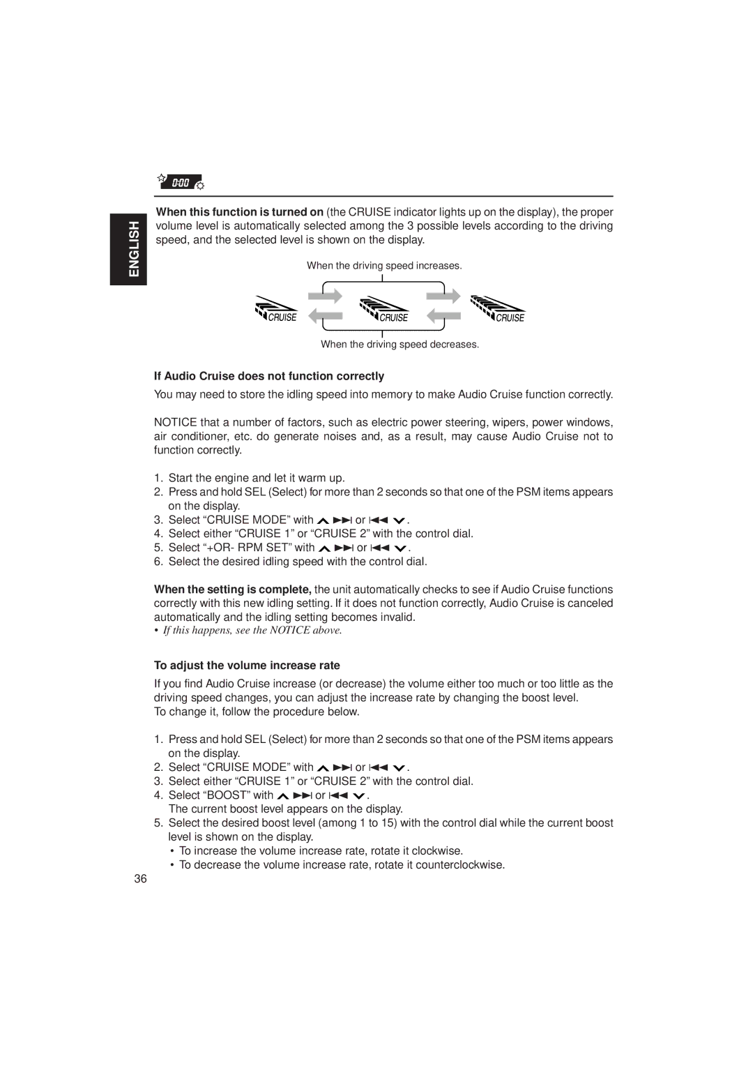 JVC KD-MX2900R manual If Audio Cruise does not function correctly, To adjust the volume increase rate 