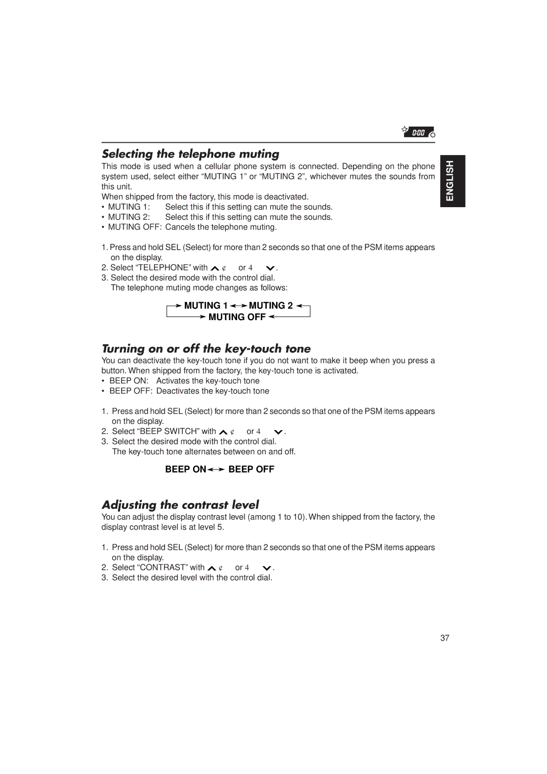 JVC KD-MX2900R manual Selecting the telephone muting, Turning on or off the key-touch tone, Adjusting the contrast level 