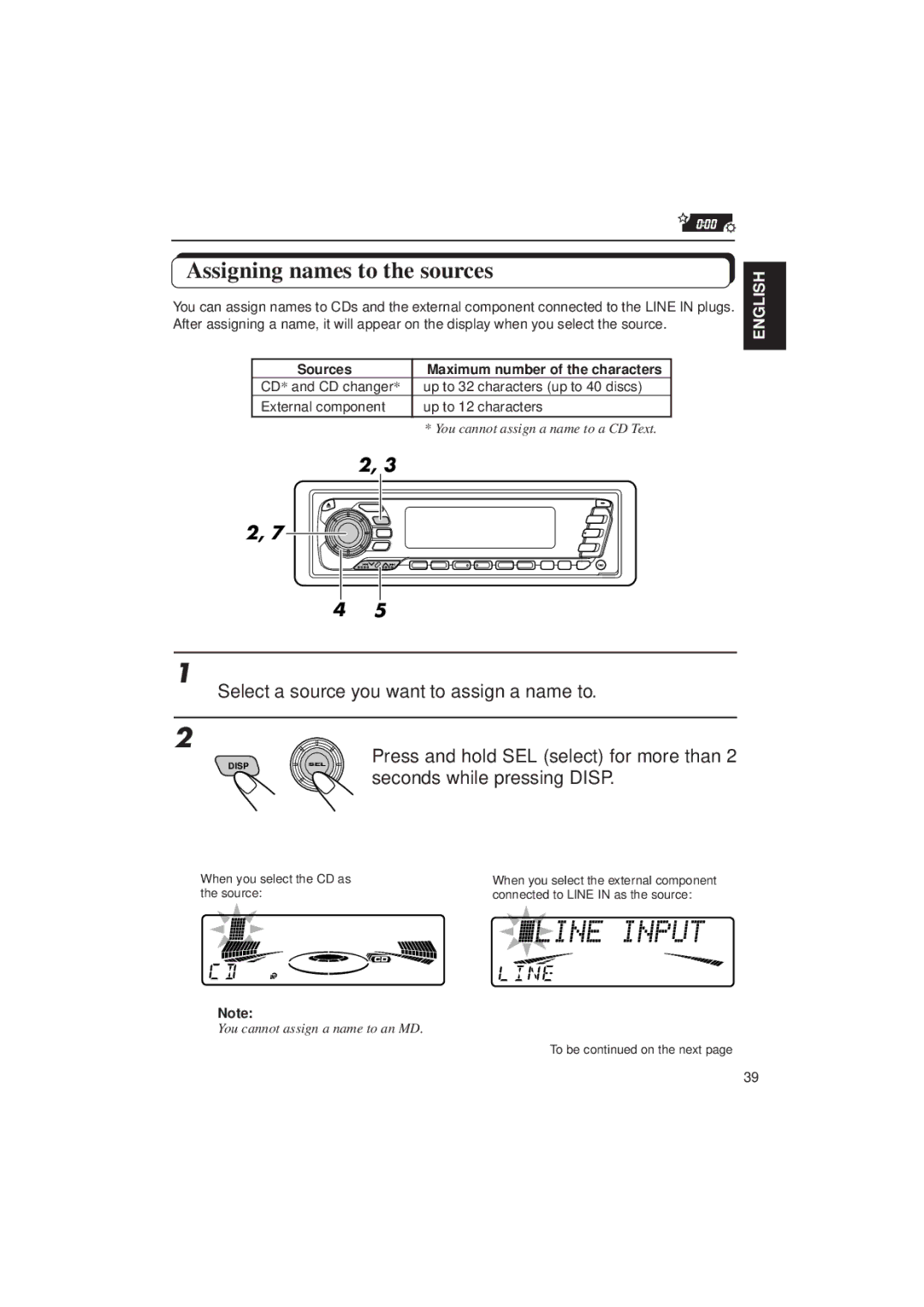 JVC KD-MX2900R manual Assigning names to the sources, Seconds while pressing Disp, Sources Maximum number of the characters 