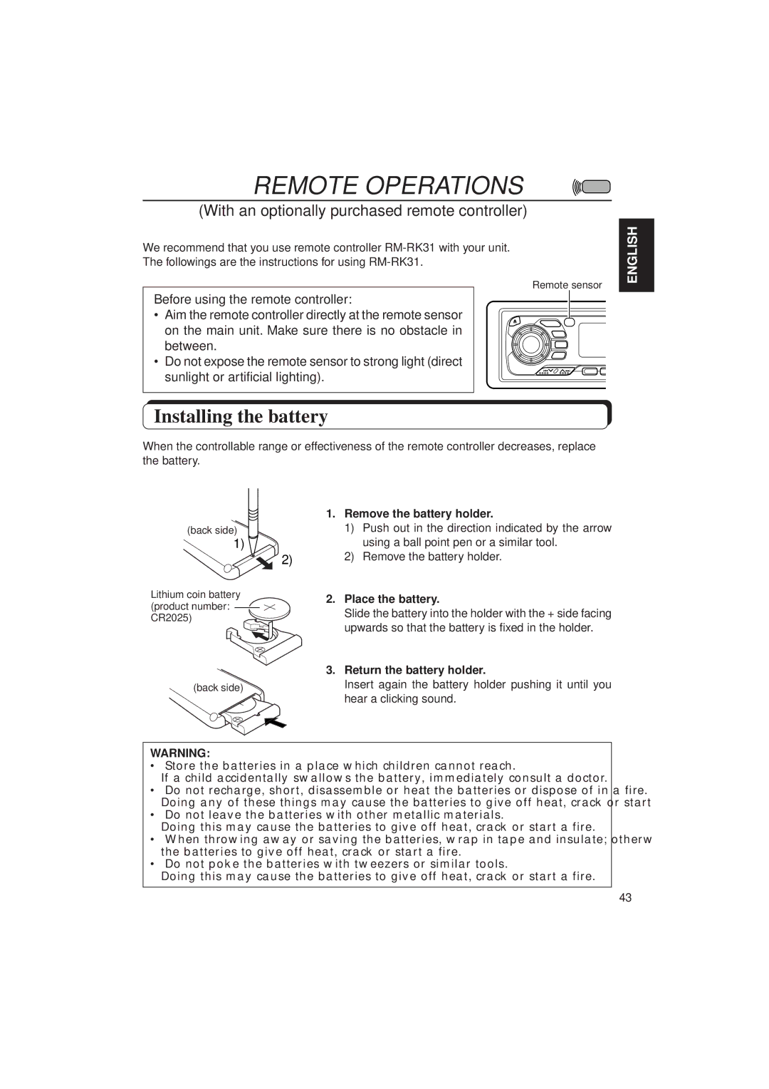 JVC KD-MX2900R manual Remote Operations, Installing the battery, With an optionally purchased remote controller 