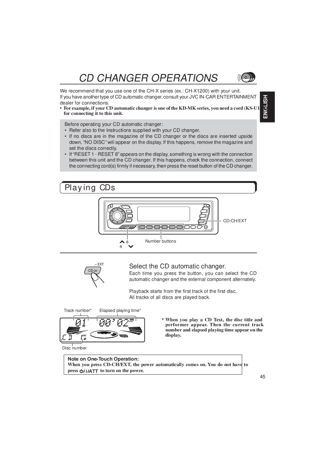 JVC KD-MX2900R manual CD Changer Operations, Playing CDs, Select the CD automatic changer 