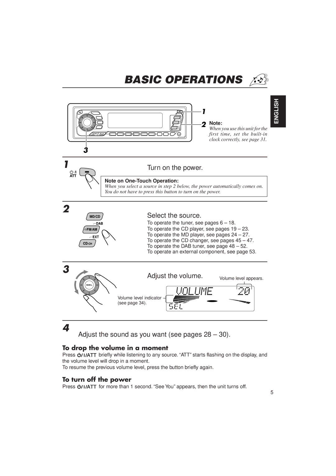 JVC KD-MX2900R manual Basic Operations, 1Turn on the power, Select the source, Adjust the volume 