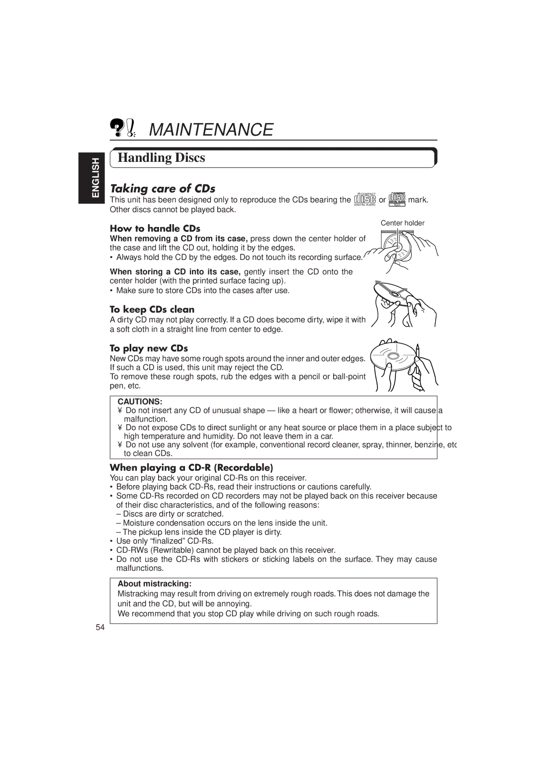 JVC KD-MX2900R manual Maintenance, Handling Discs, Taking care of CDs, About mistracking 