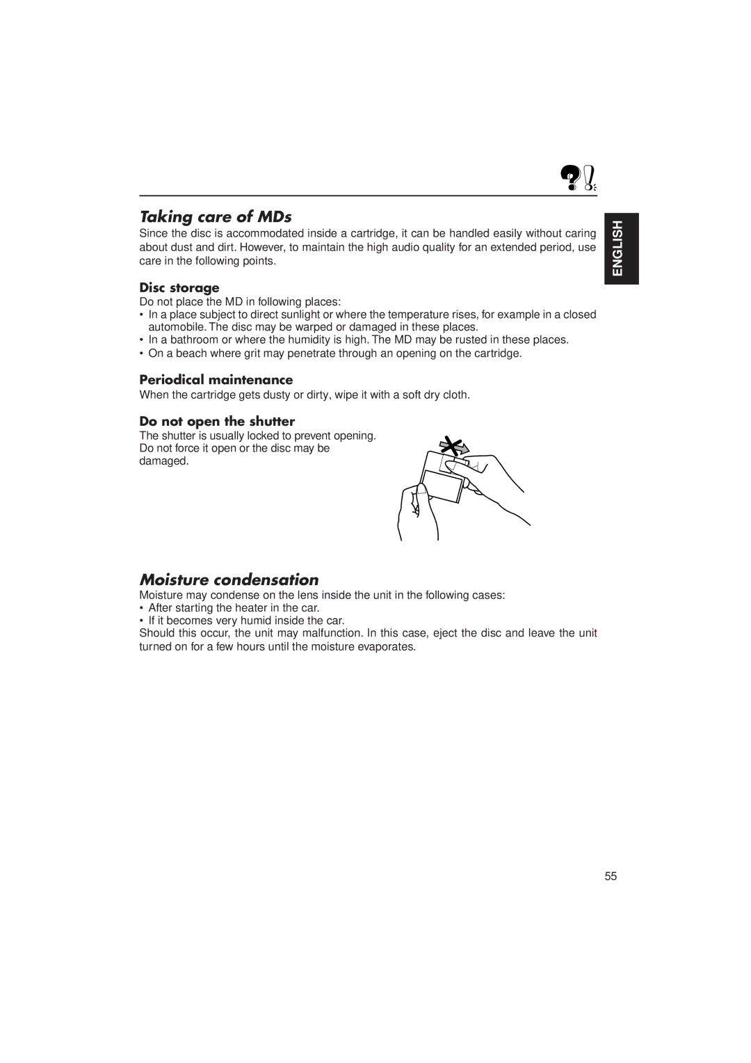 JVC KD-MX2900R manual Taking care of MDs, Moisture condensation 