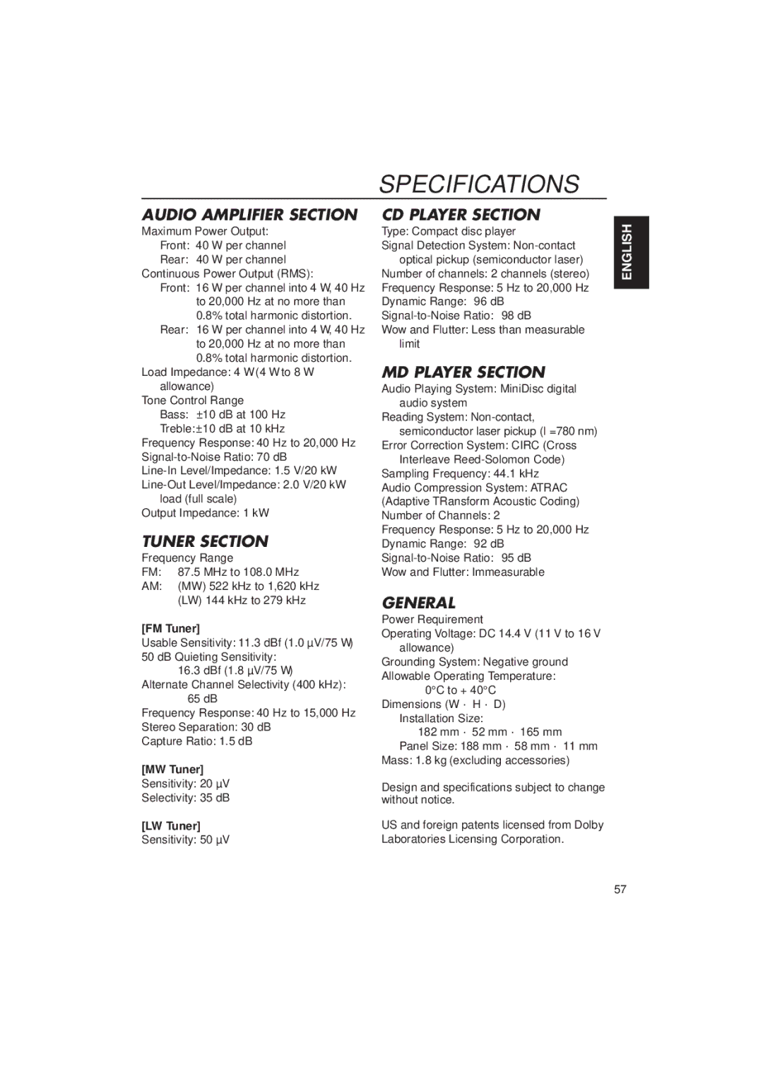 JVC KD-MX2900R manual Specifications, FM Tuner, MW Tuner, LW Tuner 