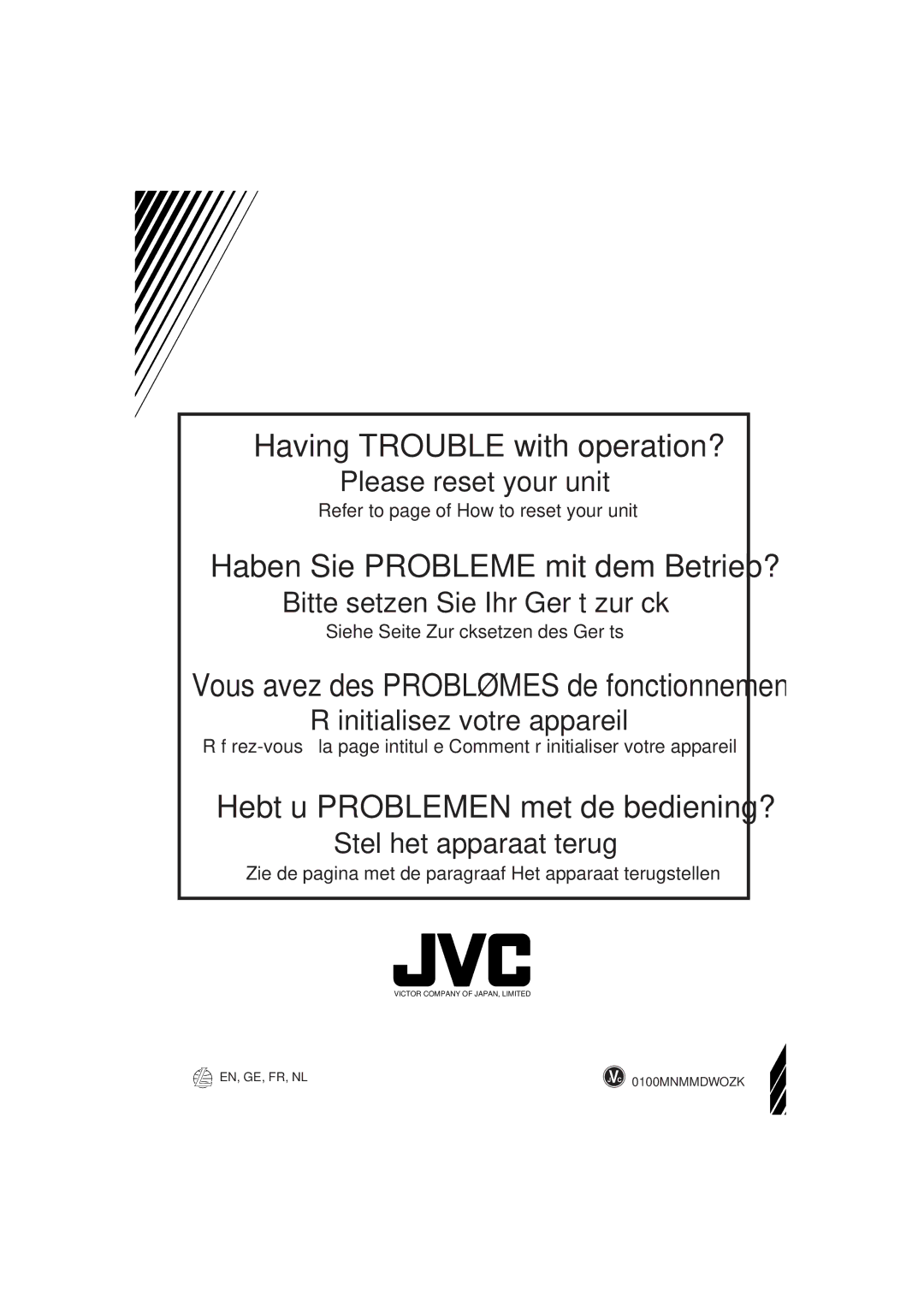 JVC KD-MX2900R manual Refer to page of How to reset your unit, Siehe Seite Zurücksetzen des Geräts 