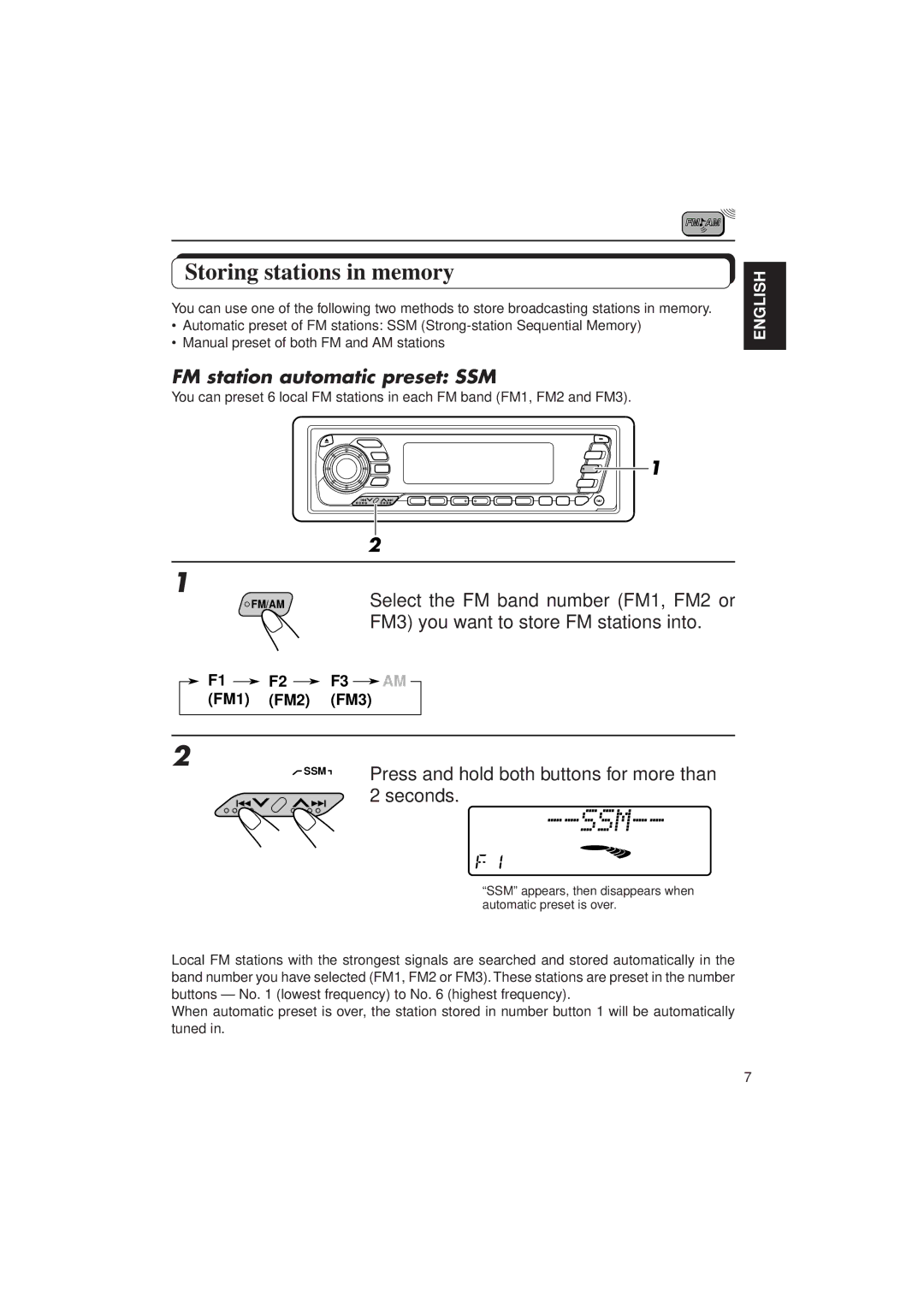 JVC KD-MX2900R manual Storing stations in memory, FM station automatic preset SSM 