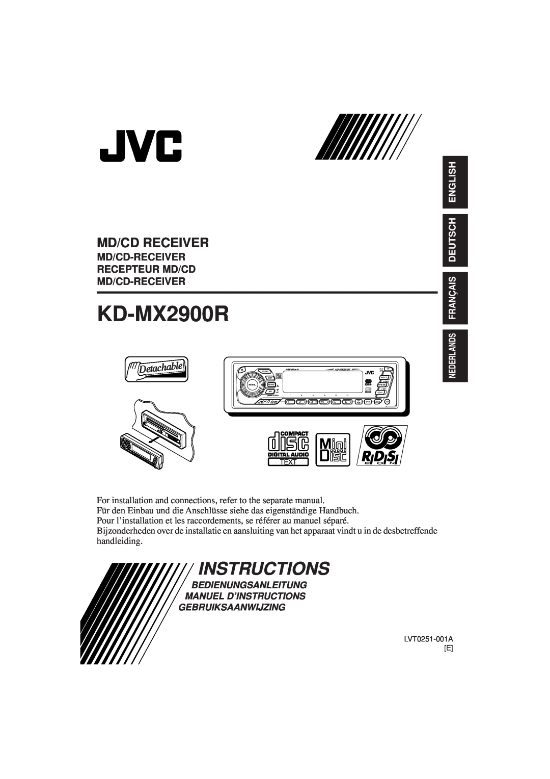 JVC KD-MX2900R manual Instructions, Md/Cd Receiver, Md/Cd-Receiver Recepteur Md/Cd Md/Cd-Receiver, Gebruiksaanwijzing 