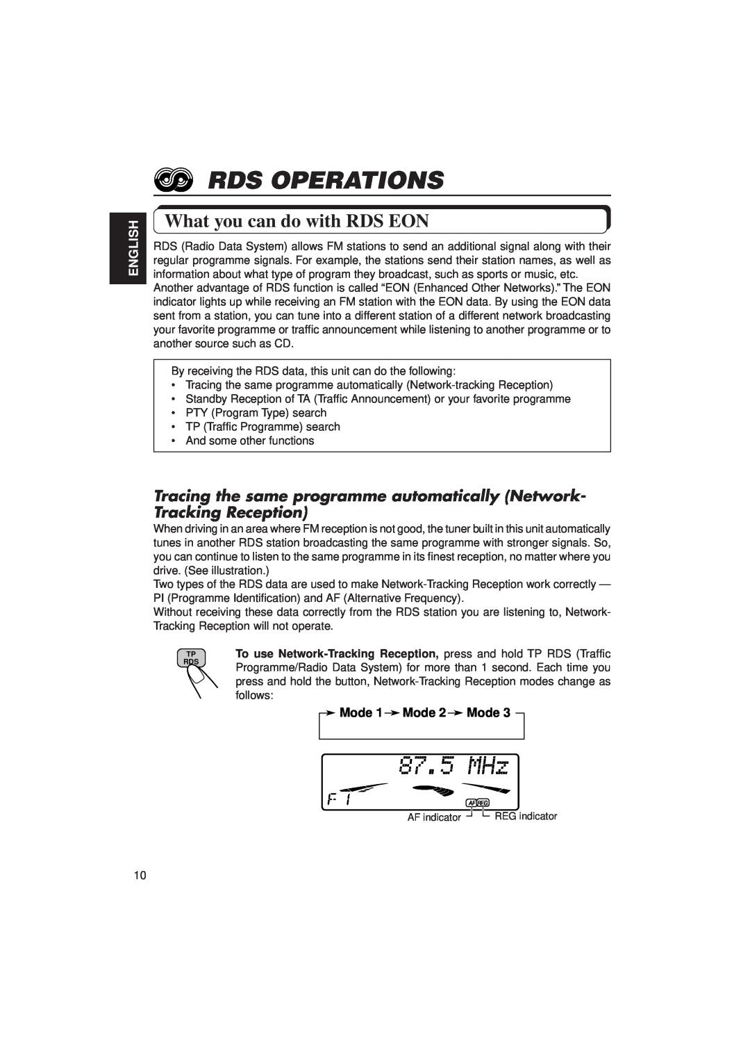 JVC KD-MX2900R manual Rds Operations, What you can do with RDS EON, English, Mode 1 Mode 2 Mode 