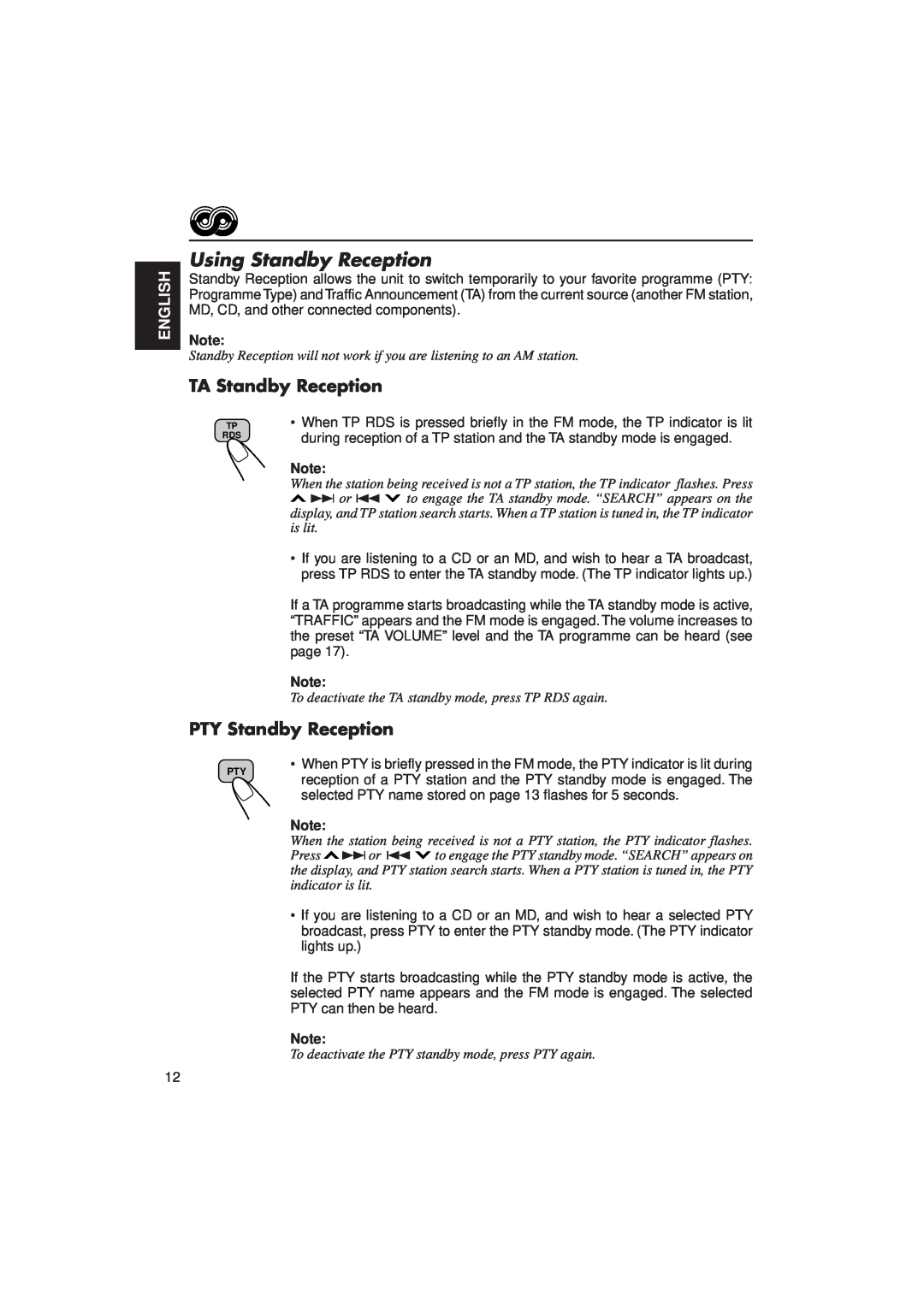 JVC KD-MX2900R manual Using Standby Reception, TA Standby Reception, PTY Standby Reception, English 