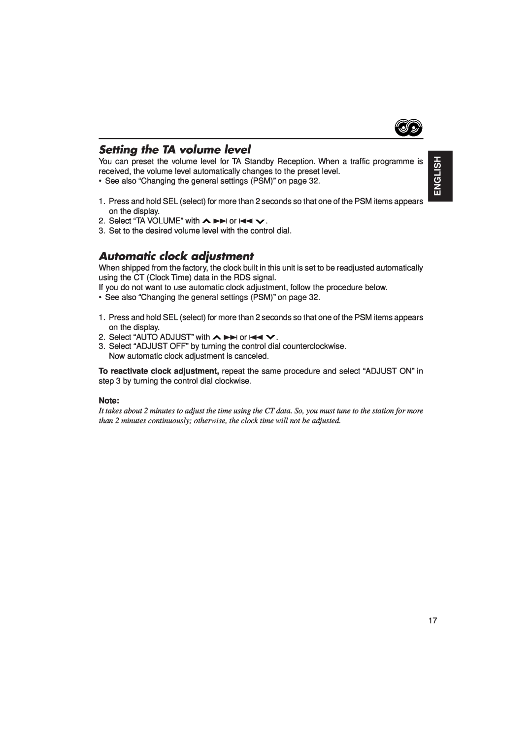 JVC KD-MX2900R manual Setting the TA volume level, Automatic clock adjustment, English 