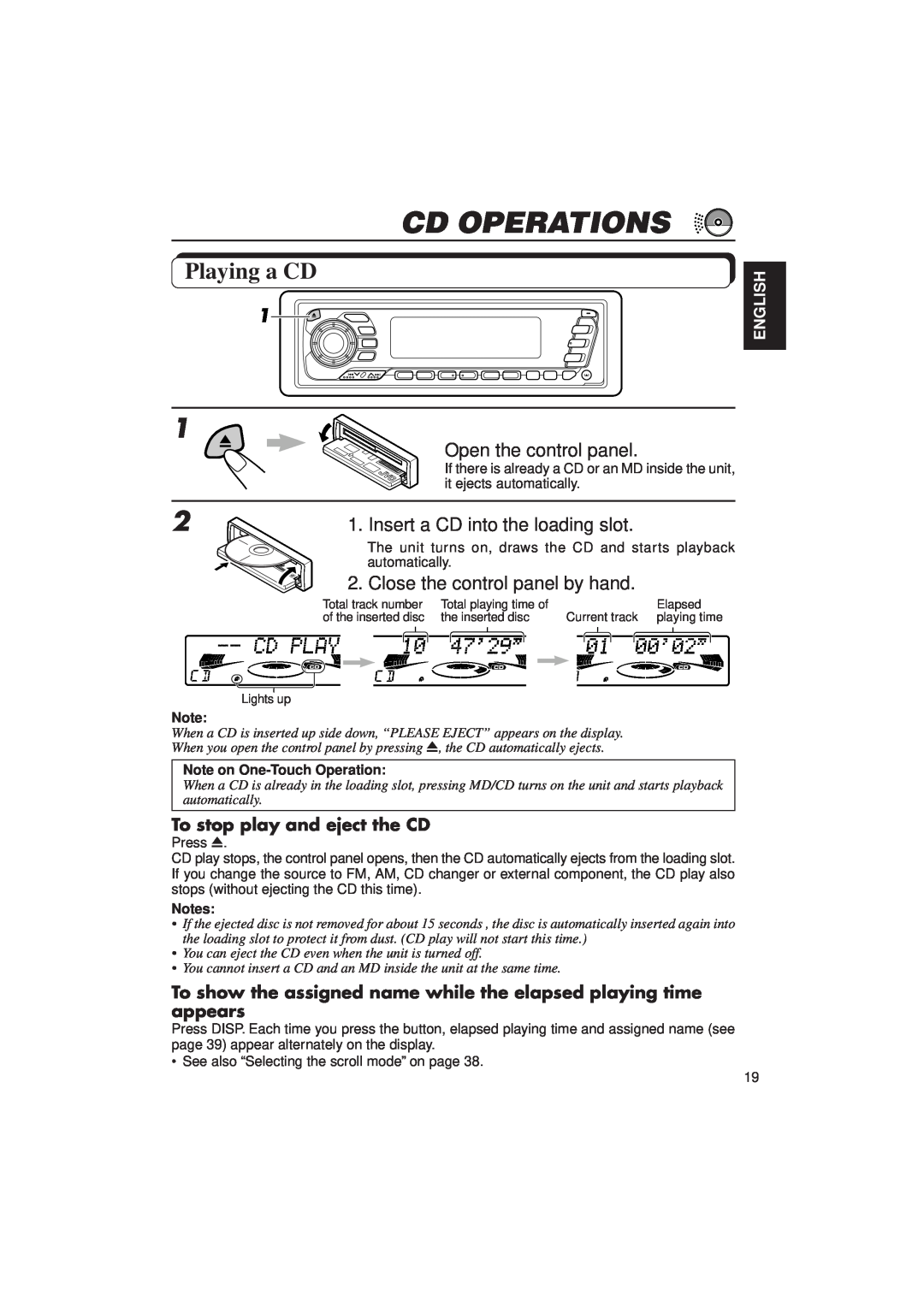 JVC KD-MX2900R manual Cd Operations, Playing a CD, To stop play and eject the CD, English, Note on One-TouchOperation 
