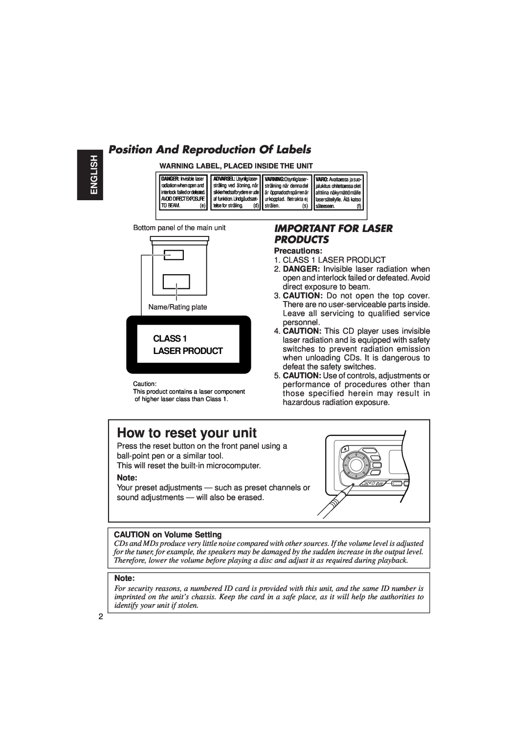 JVC KD-MX2900R manual How to reset your unit, Important For Laser Products, English, Class Laser Product, Precautions 