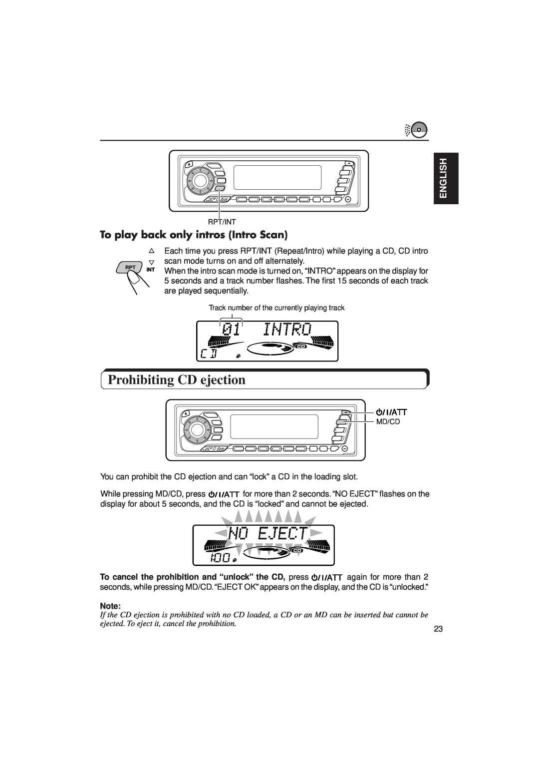 JVC KD-MX2900R manual Prohibiting CD ejection, To play back only intros Intro Scan, English 