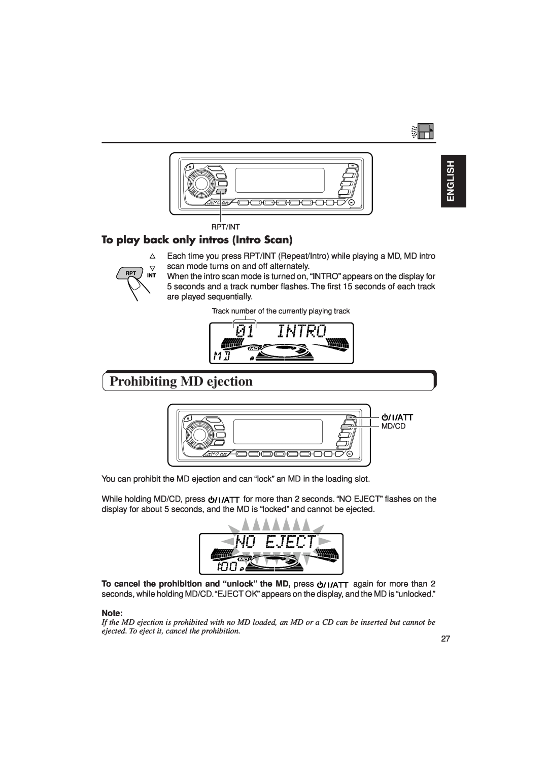 JVC KD-MX2900R manual Prohibiting MD ejection, To play back only intros Intro Scan, English 