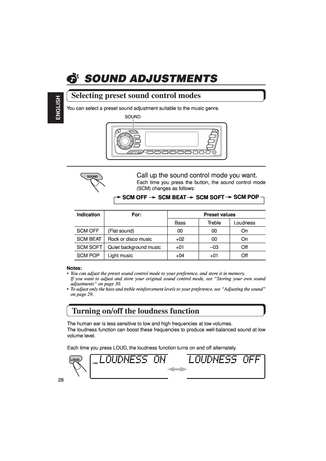 JVC KD-MX2900R Sound Adjustments, Selecting preset sound control modes, Turning on/off the loudness function, English 