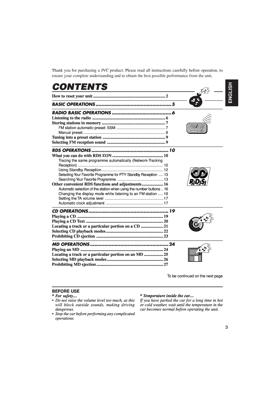 JVC KD-MX2900R manual Contents, English, Before Use, For safety, Temperature inside the car, dangerous 