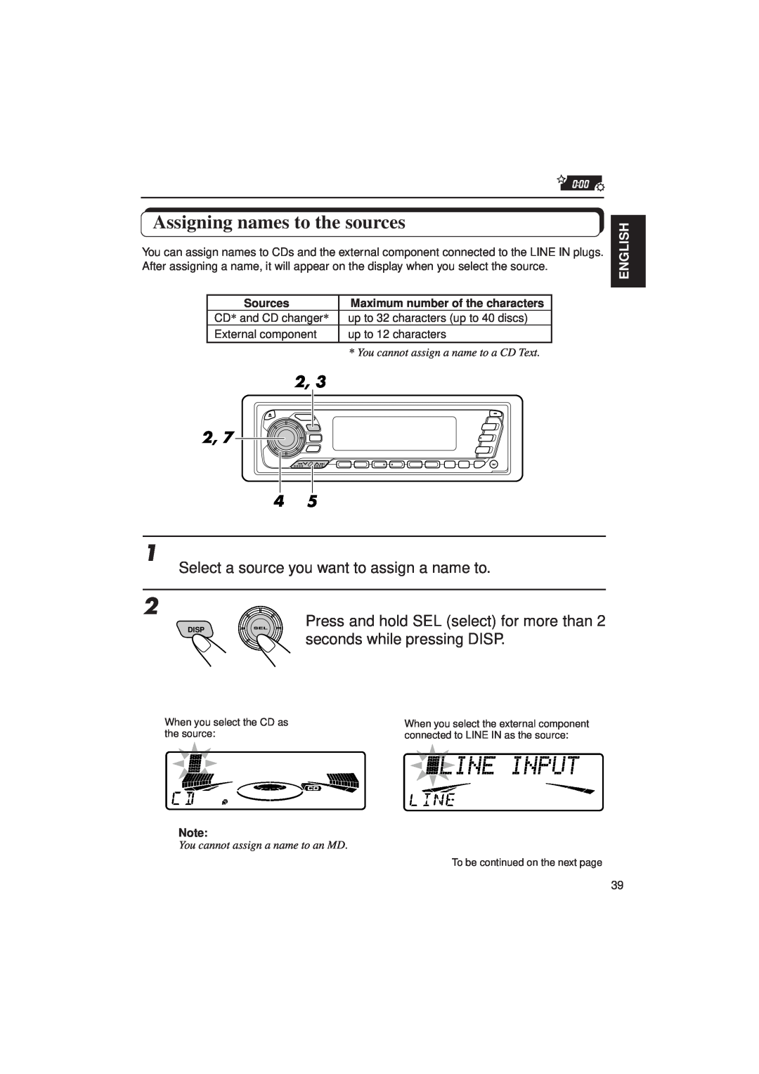JVC KD-MX2900R manual Assigning names to the sources, English, Sources, Maximum number of the characters 