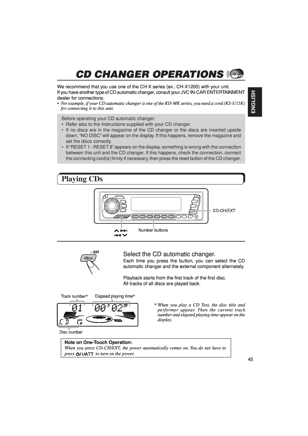 JVC KD-MX2900R manual Cd Changer Operations, Playing CDs, English, Note on One-TouchOperation 