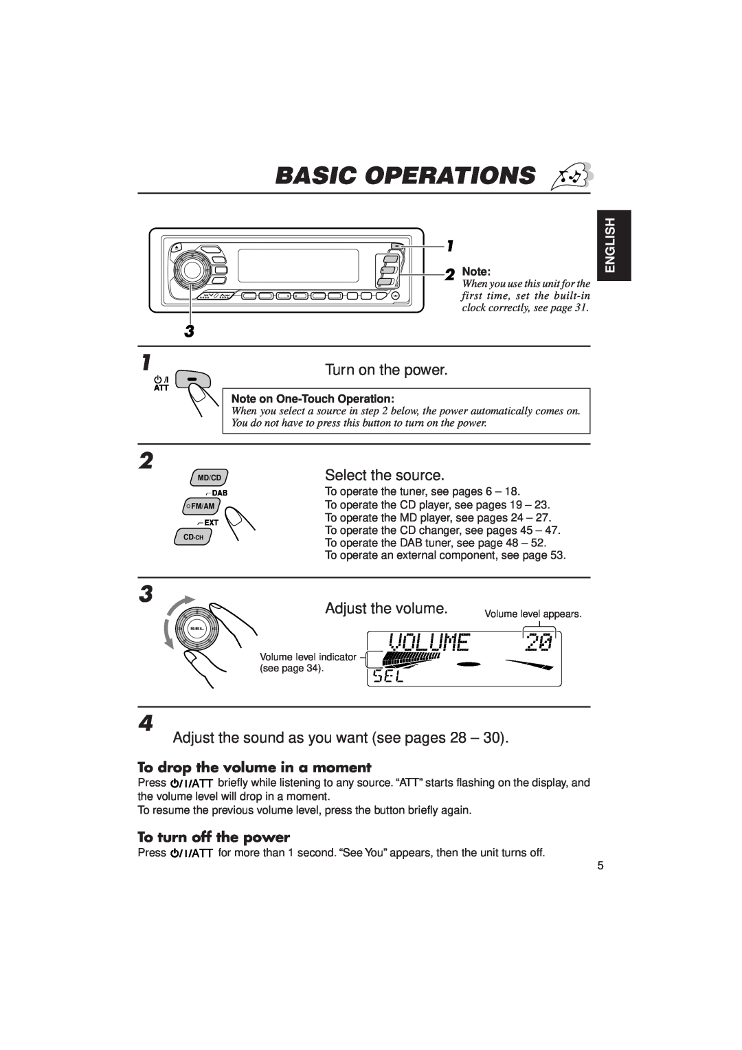 JVC KD-MX2900R manual Basic Operations, To drop the volume in a moment, To turn off the power, English 