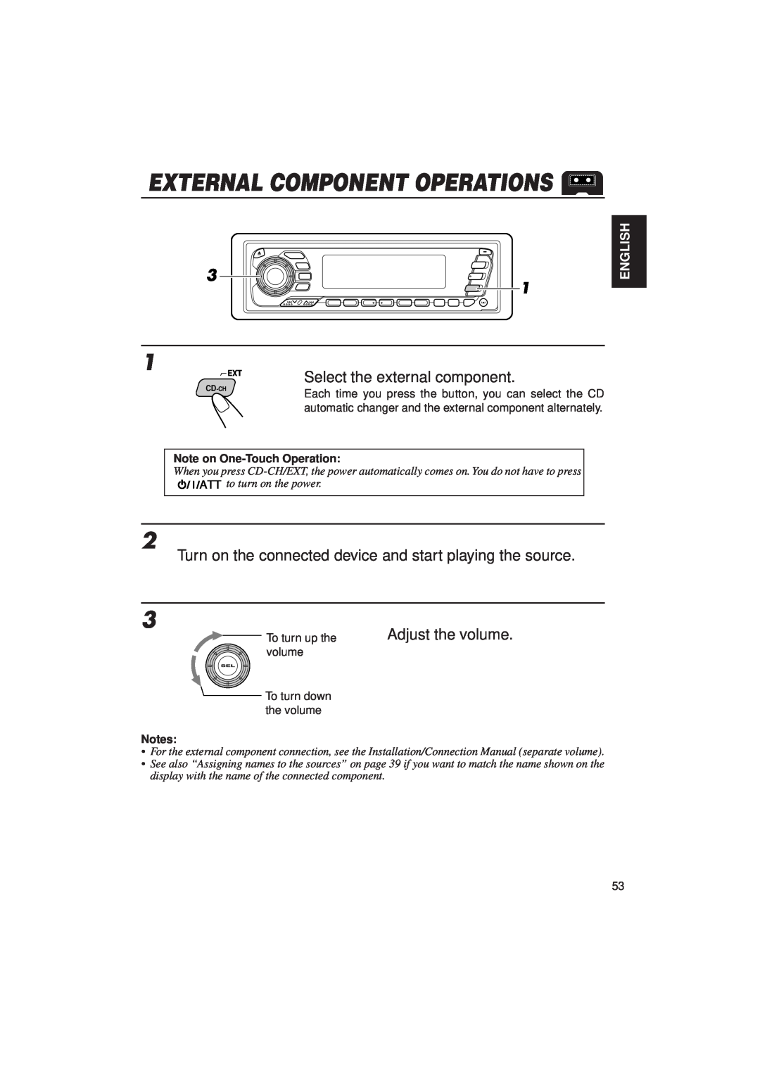 JVC KD-MX2900R manual Select the external component, External Component Operations, English, Note on One-TouchOperation 