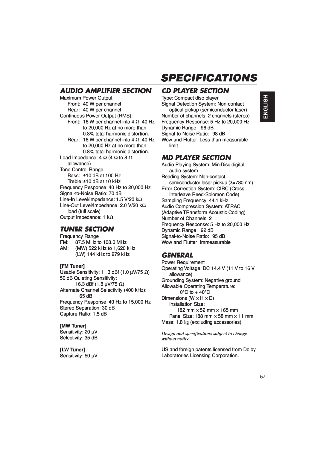 JVC KD-MX2900R manual Specifications, English, FM Tuner, MW Tuner, LW Tuner 