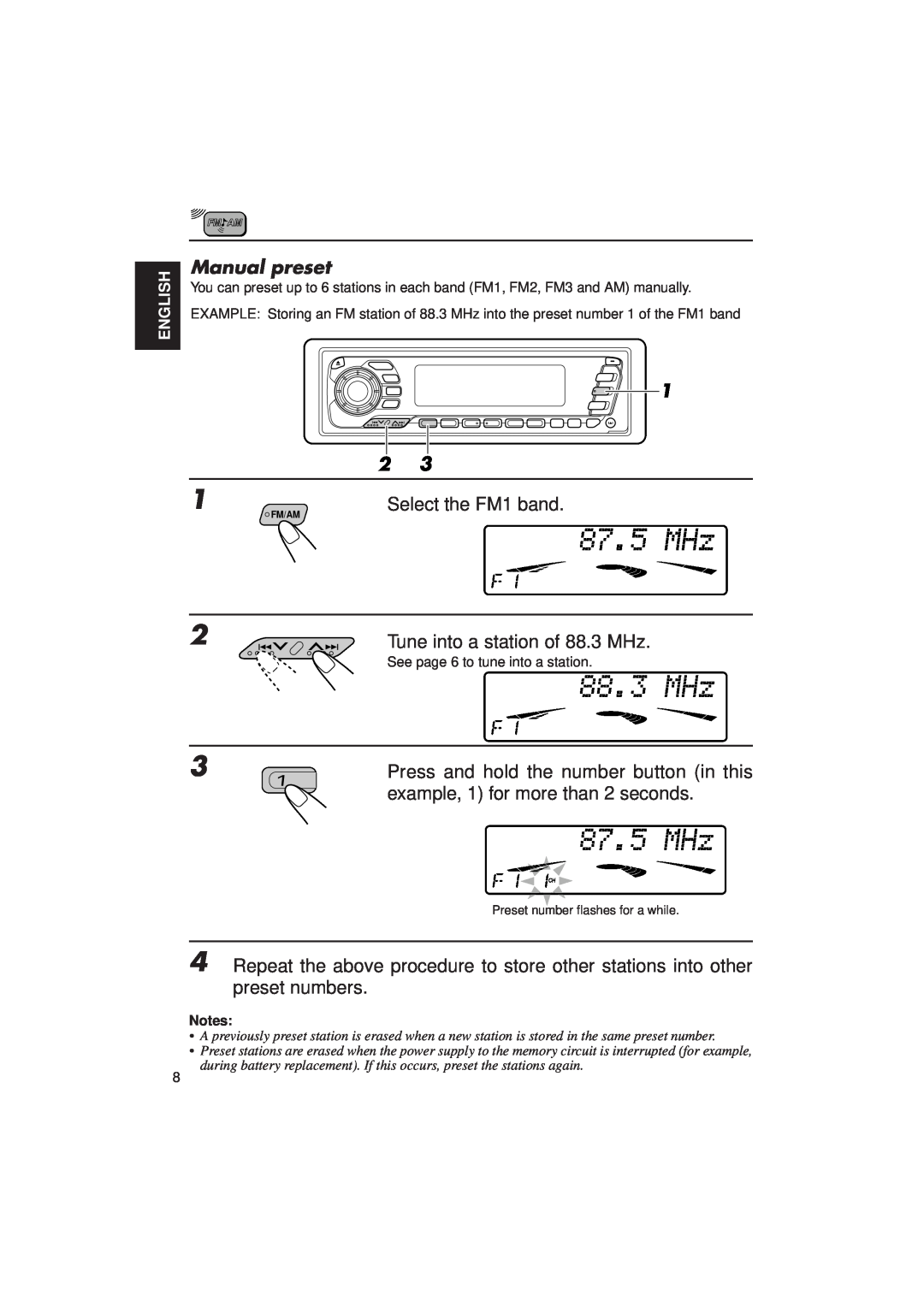 JVC KD-MX2900R manual Select the FM1 band, Manual preset 