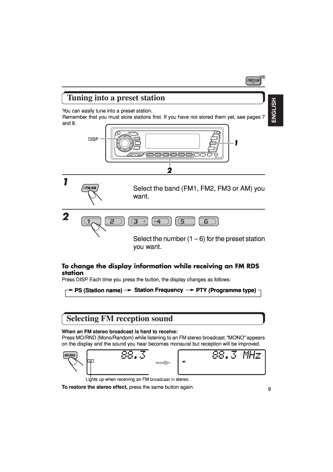JVC KD-MX2900R manual Tuning into a preset station, Selecting FM reception sound, English, Disp, Fm/Am, Mo/Rnd 