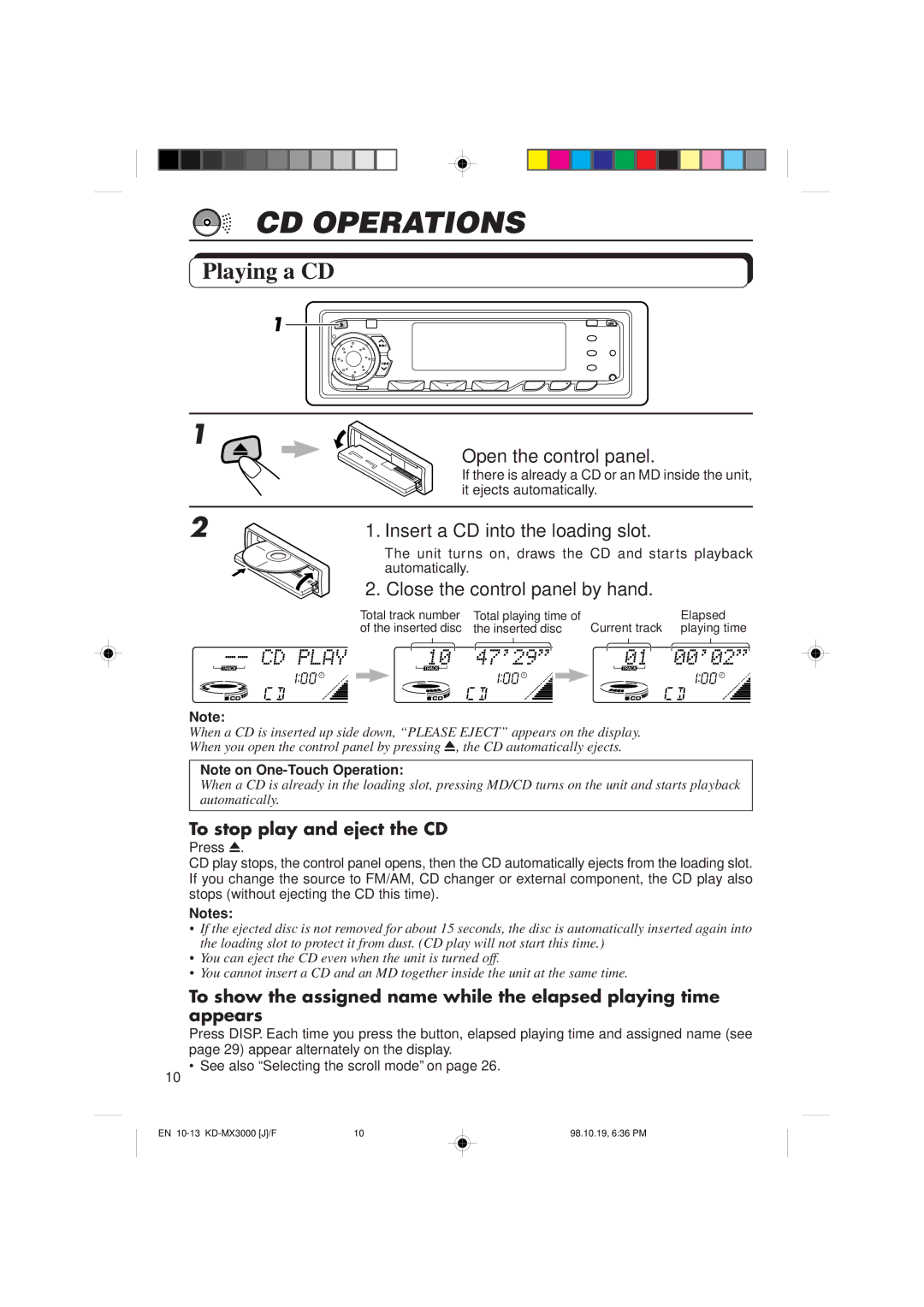 JVC KD-MX3000 manual CD Operations, Playing a CD, Open the control panel, Insert a CD into the loading slot 