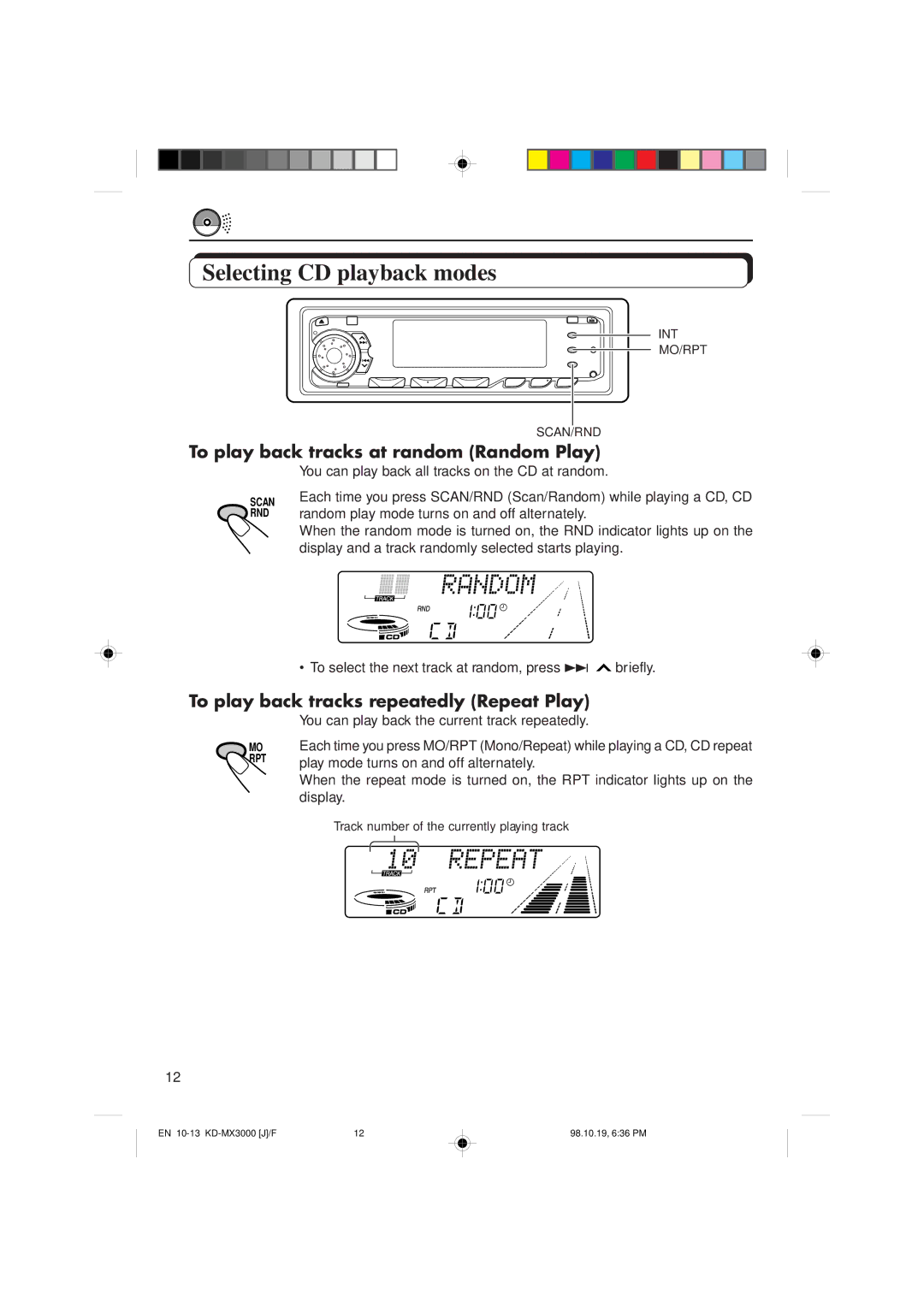 JVC KD-MX3000 manual Selecting CD playback modes, To play back tracks at random Random Play 