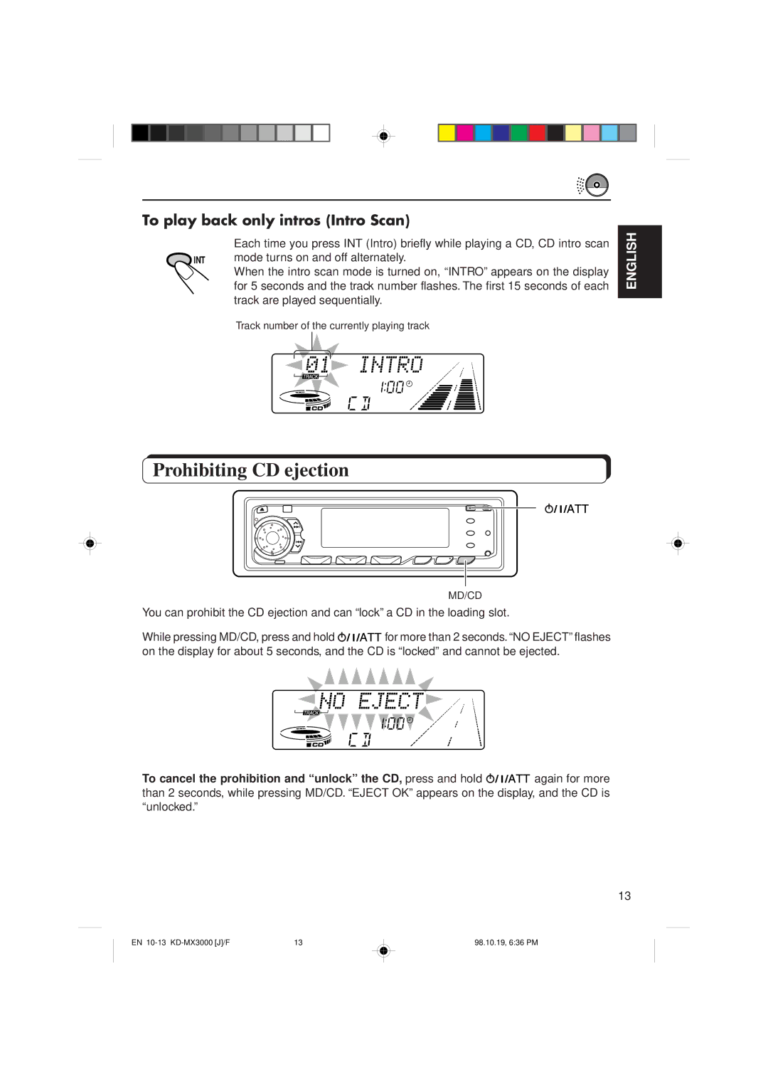 JVC KD-MX3000 manual Prohibiting CD ejection, To play back only intros Intro Scan 