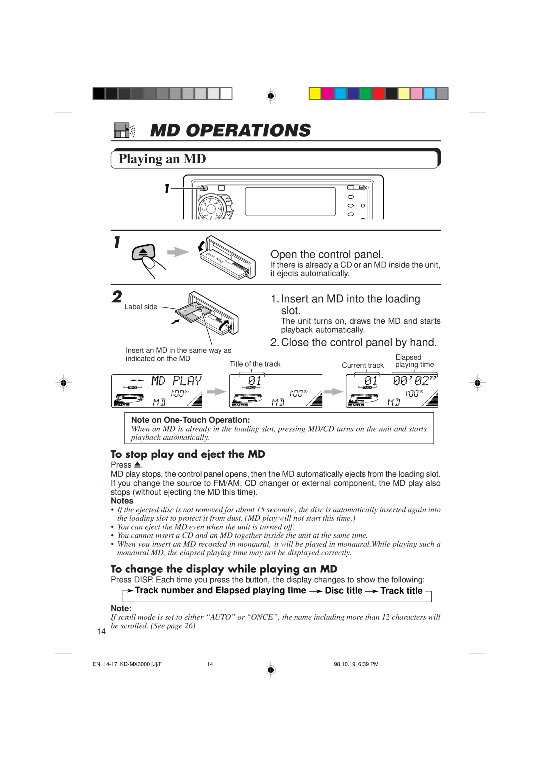 JVC KD-MX3000 manual MD Operations, Playing an MD, Insert an MD into the loading slot, To stop play and eject the MD 