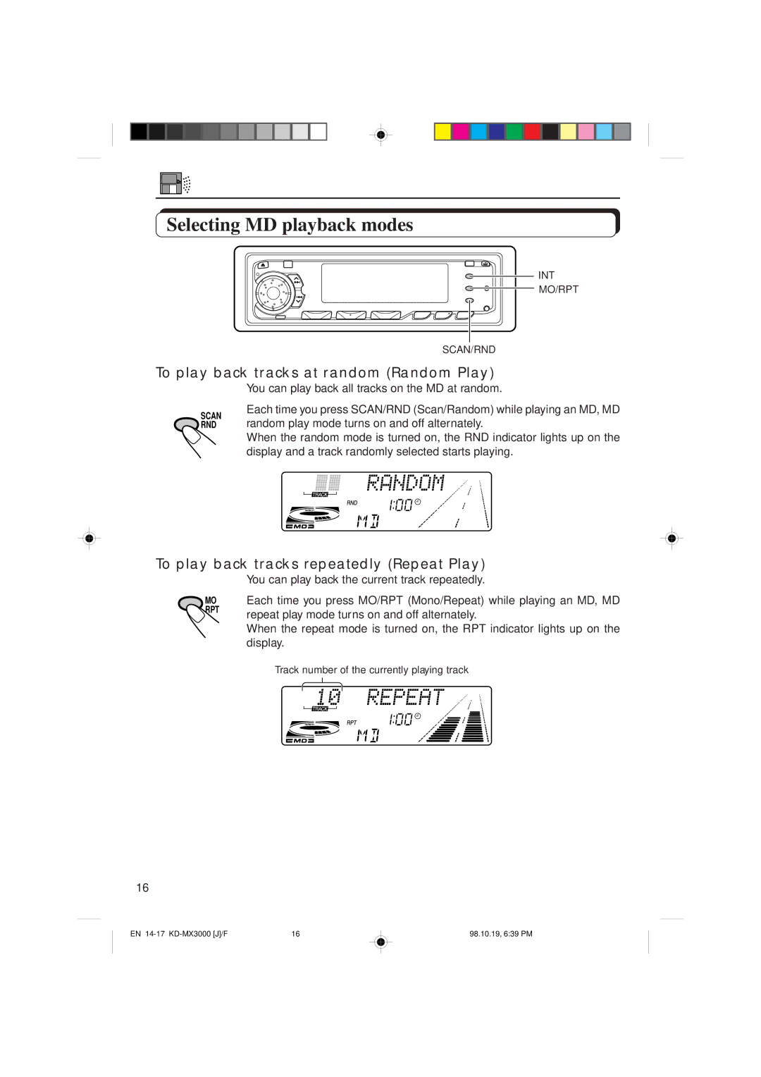 JVC KD-MX3000 manual Selecting MD playback modes, To play back tracks at random Random Play 