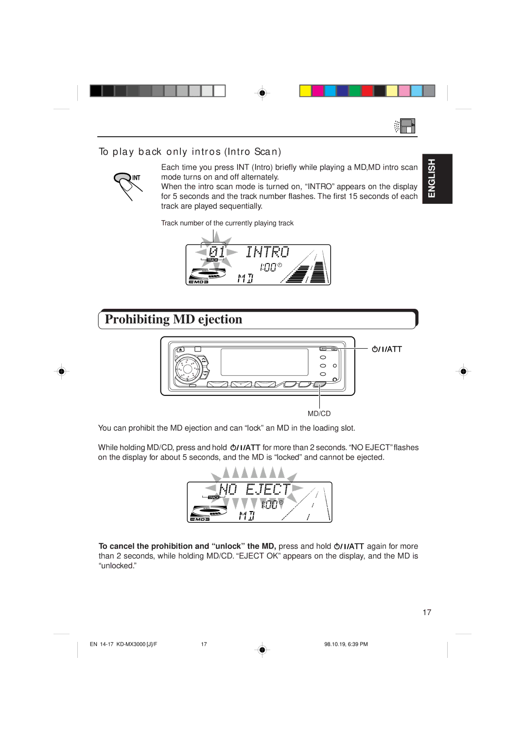 JVC KD-MX3000 manual Prohibiting MD ejection, To play back only intros Intro Scan 