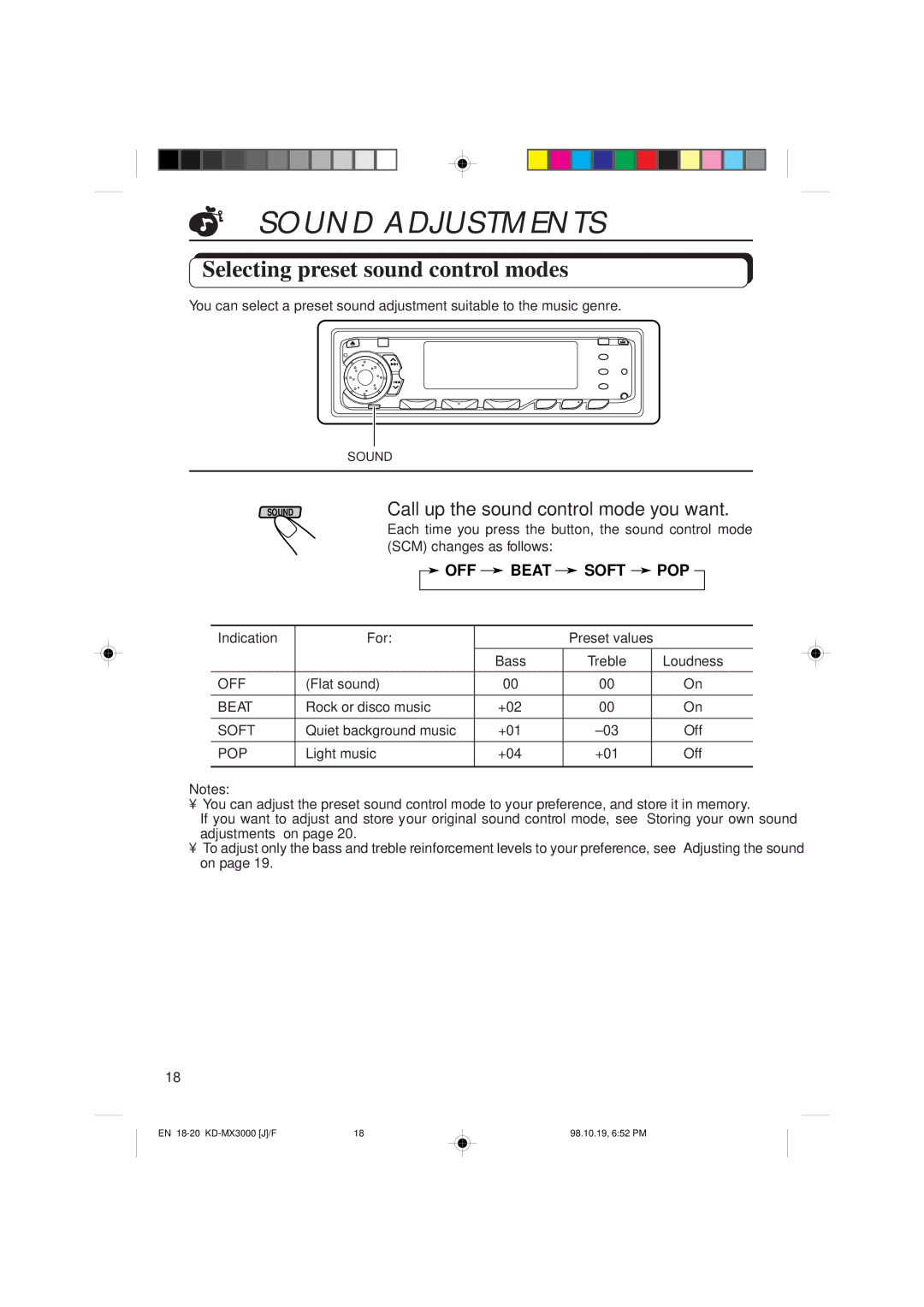 JVC KD-MX3000 manual Sound Adjustments, Selecting preset sound control modes, Indication For Preset values 