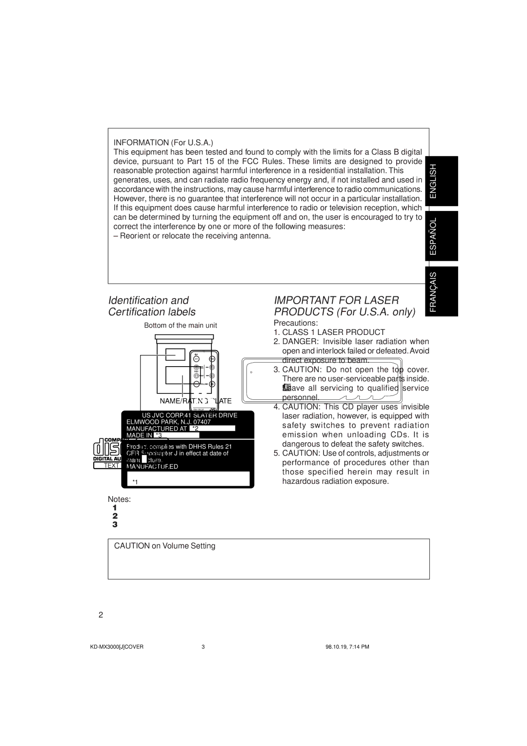 JVC KD-MX3000 Identification and Certification labels, Important for Laser Products For U.S.A. only, Information For U.S.A 