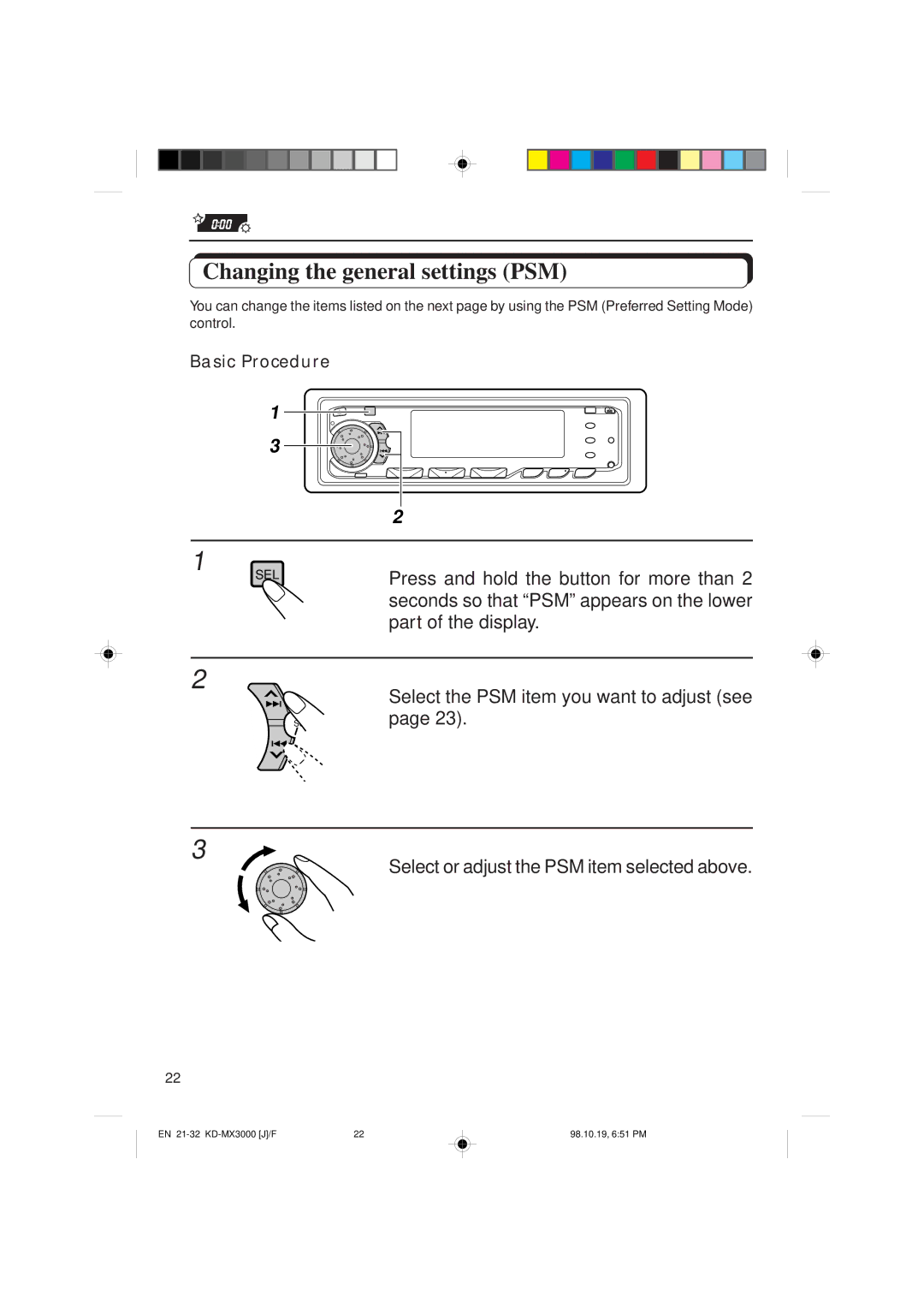 JVC KD-MX3000 manual Changing the general settings PSM, Seconds so that PSM appears on the lower, Part of the display 