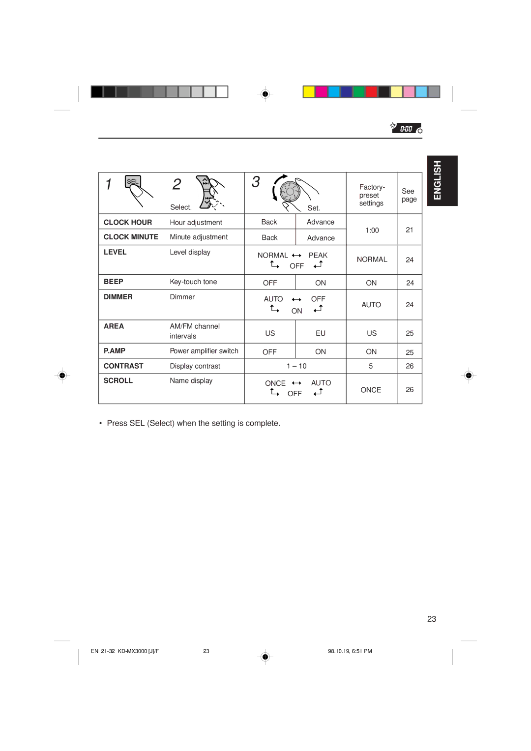 JVC KD-MX3000 manual Press SEL Select when the setting is complete 