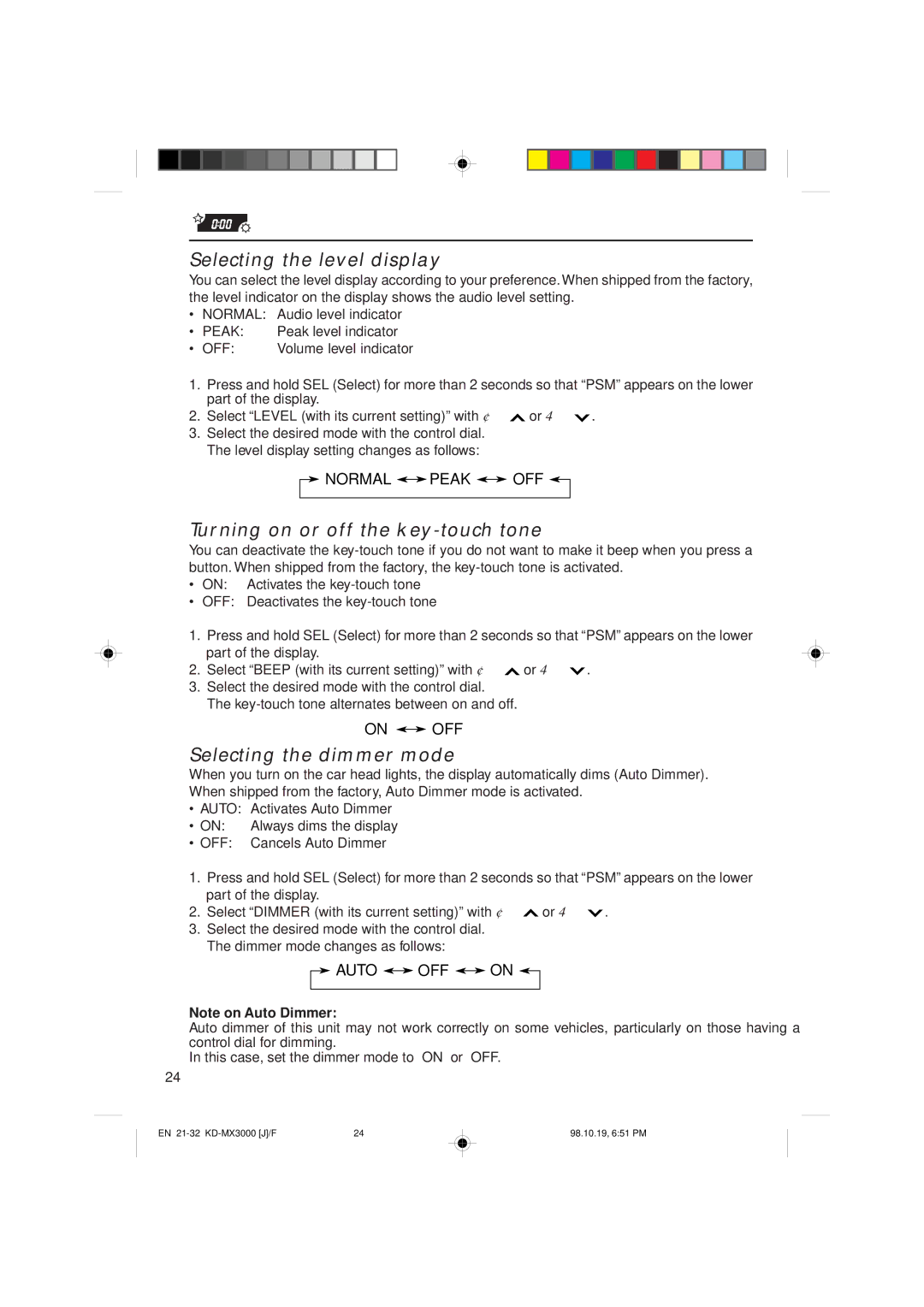 JVC KD-MX3000 manual Selecting the level display, Turning on or off the key-touch tone, Selecting the dimmer mode 