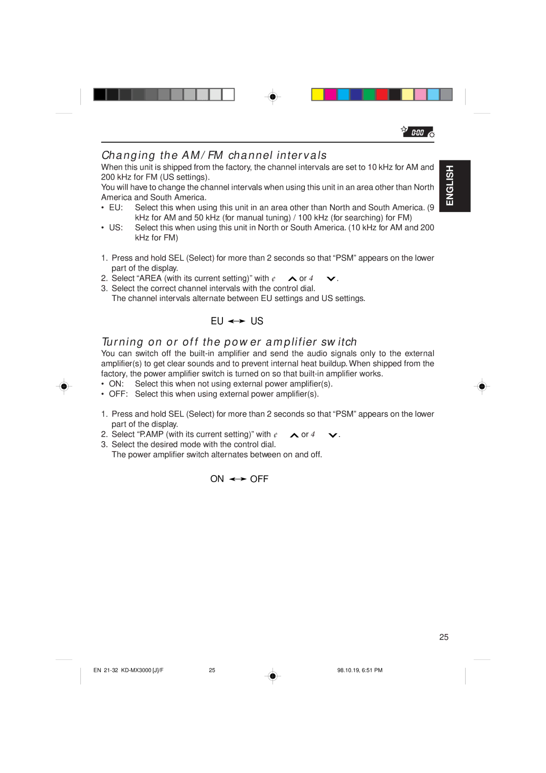 JVC KD-MX3000 manual Changing the AM/FM channel intervals, Turning on or off the power amplifier switch 