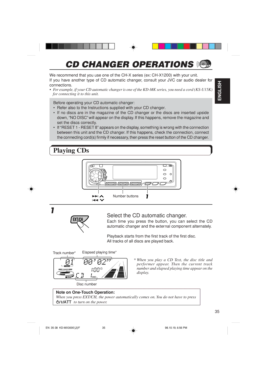 JVC KD-MX3000 manual CD Changer Operations, Playing CDs, Select the CD automatic changer 