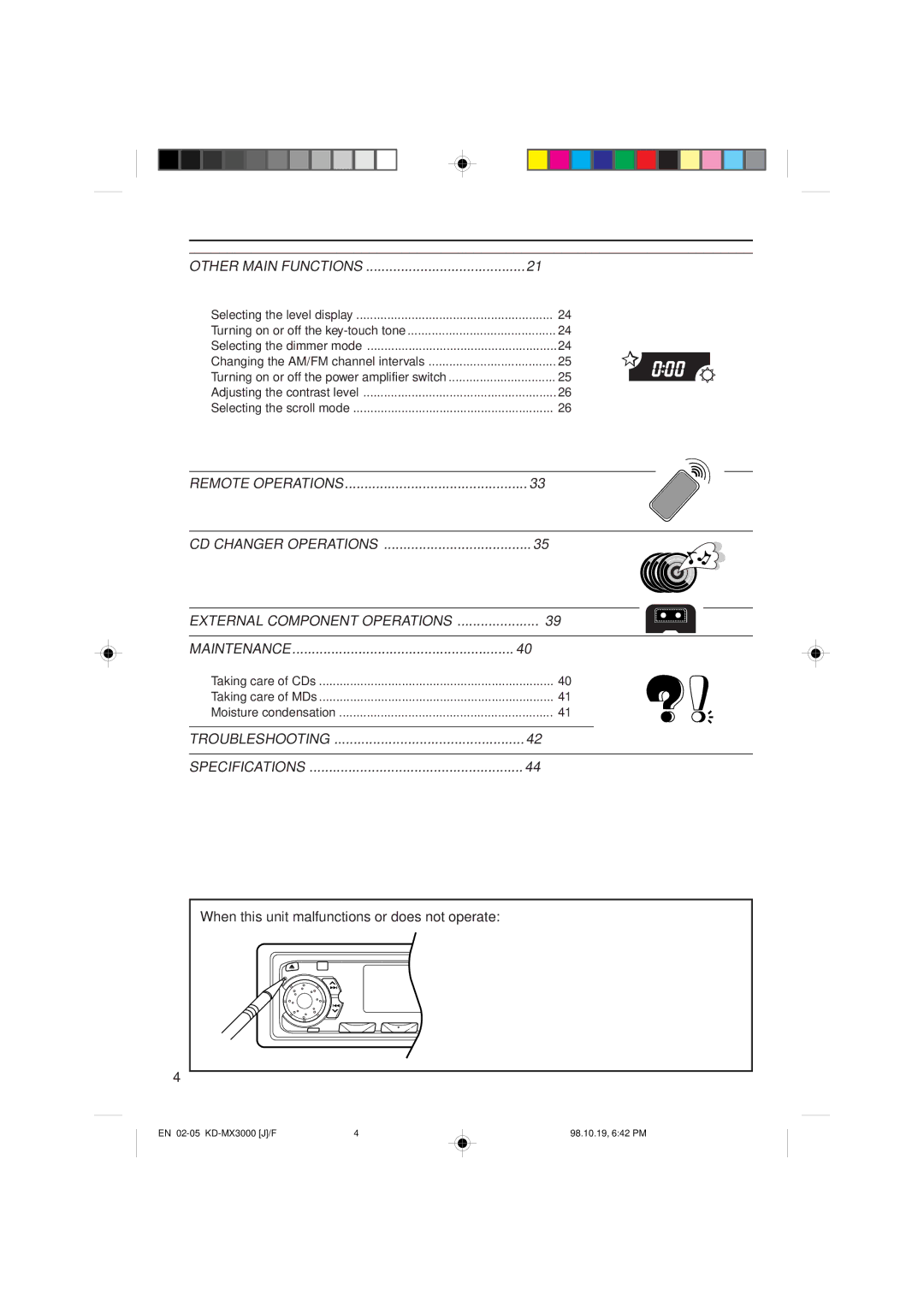 JVC KD-MX3000 manual Other Main Functions, When this unit malfunctions or does not operate 